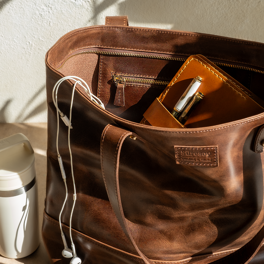 "Tomris" Lüks Hakiki Deri Fermuarlı Tote Bag Çanta / Anahtarlık Hediye