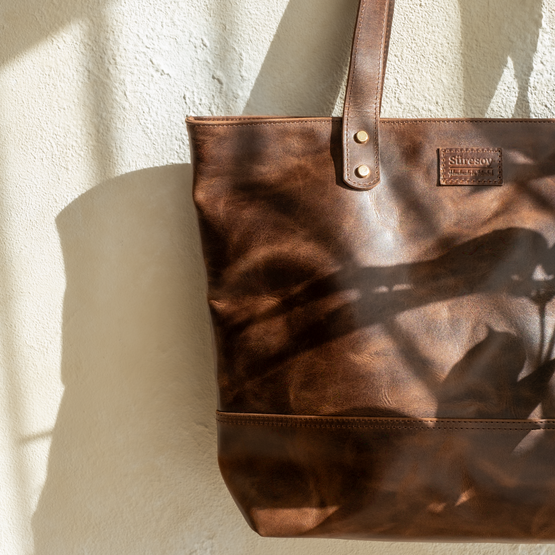 "Tomris" Lüks Hakiki Deri Fermuarlı Tote Bag Çanta / Anahtarlık Hediye