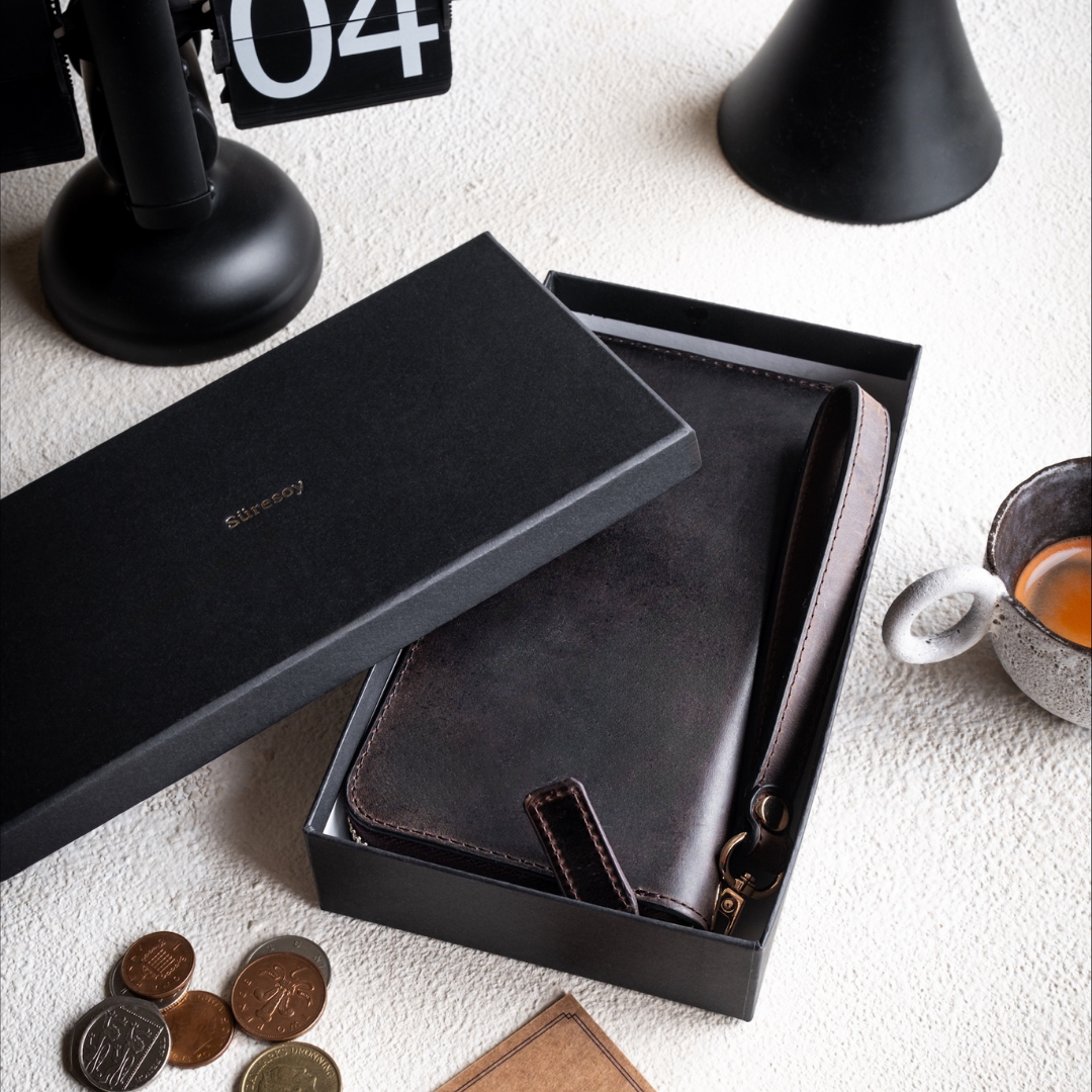 "Tüzün-Chocolate" Lüks Hakiki Deri Fermuarlı Uzun Cüzdan / Anahtarlık Hediye