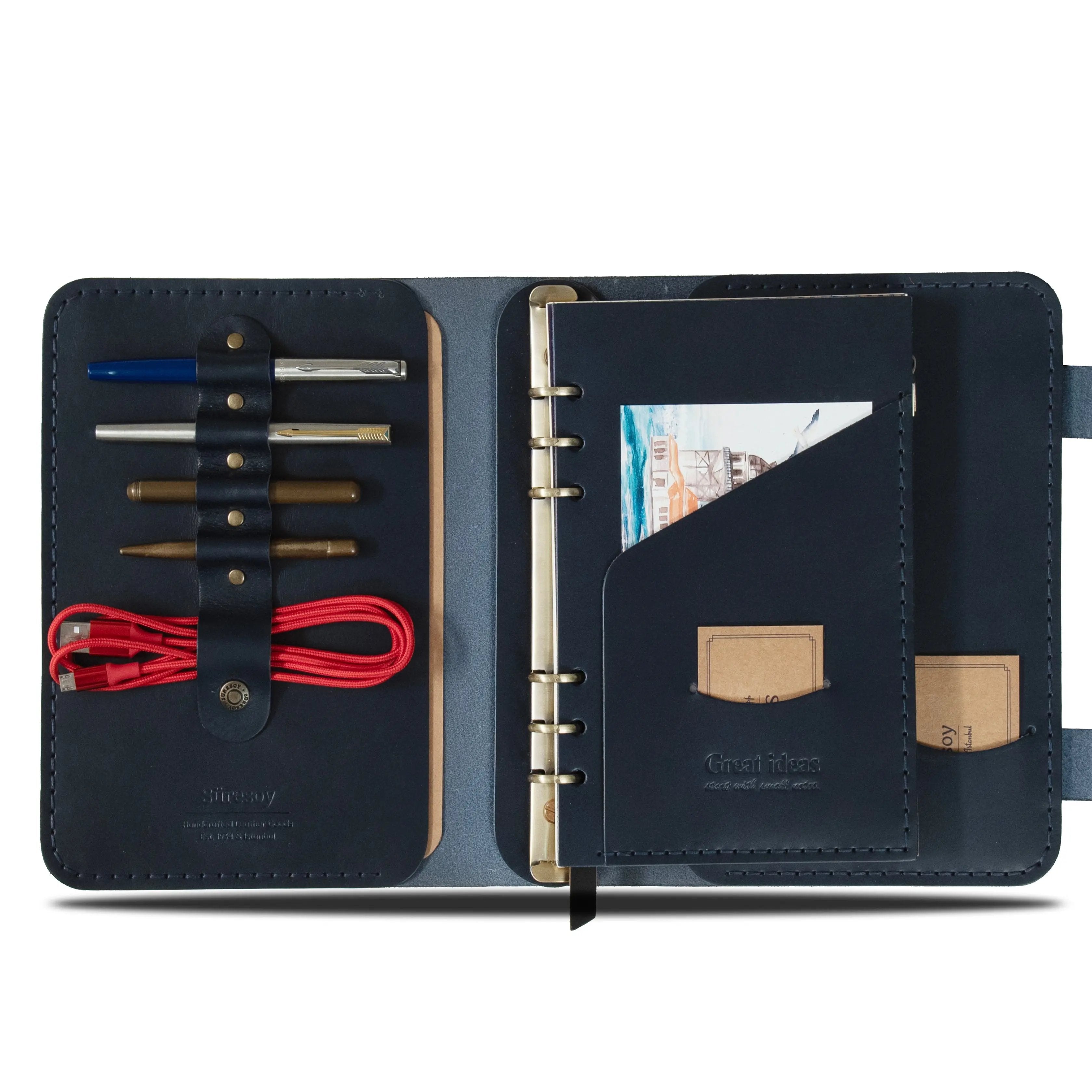 "Parla A5 Pro-Lacivert" Lüks Hakiki Deri Organizer / Çizgili Bloknot, Ayraç, Anahtarlık Hediye Kargo, İsim Kazıma, Hediye Paketi Ücretsiz !