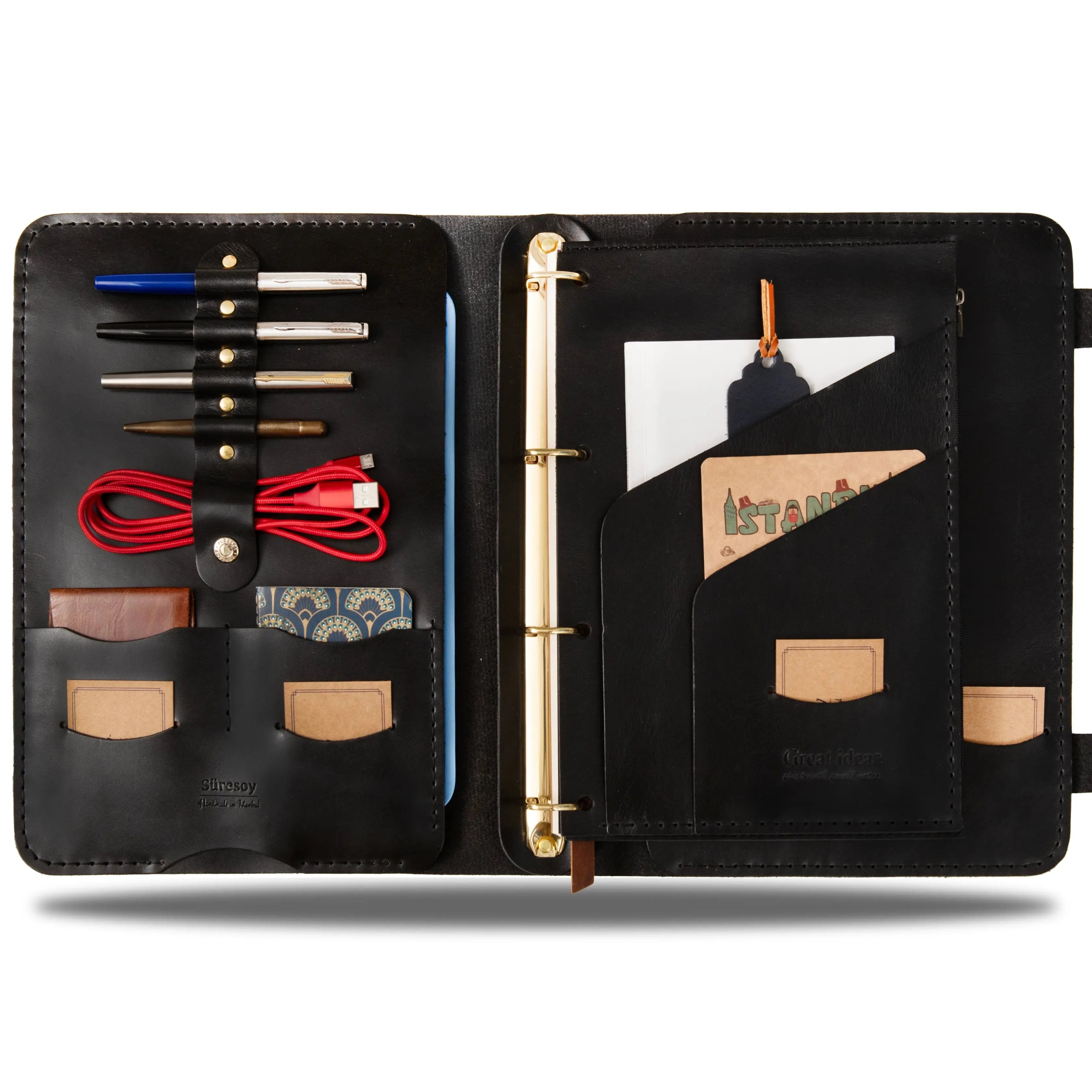 "Parla A4 Pro-Antik Siyah" Lüks Hakiki Deri Organizer / Çizgisiz Bloknot, Ayraç, Anahtarlık Hediye Kargo, İsim Kazıma, Hediye Paketi Ücretsiz !