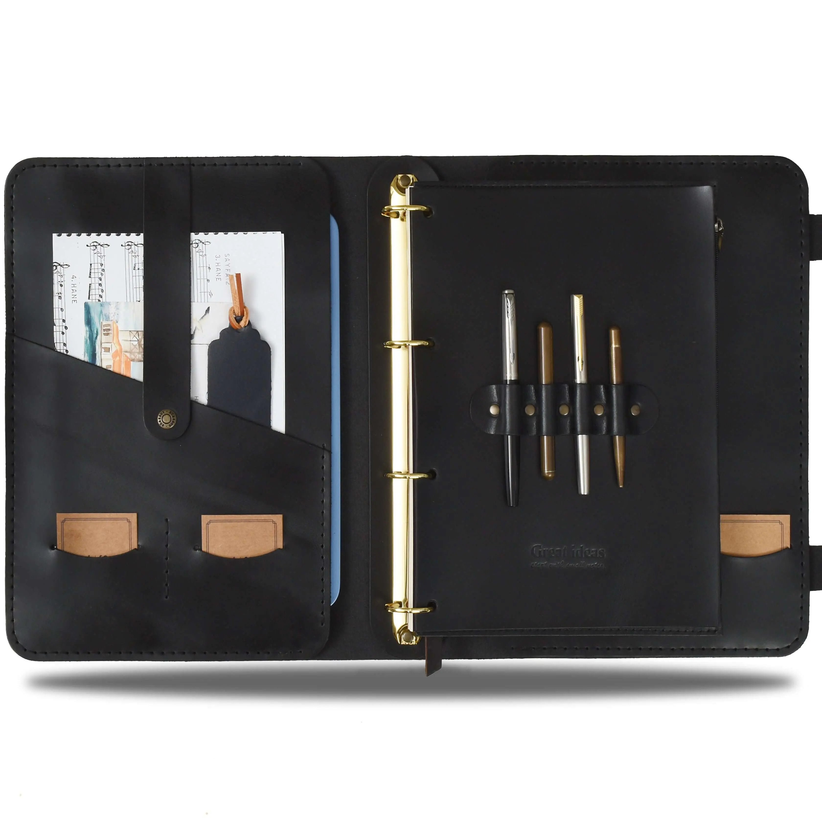 Güneri A4 Pro-Antik Siyah Lüks Hakiki Deri Organizer / Çizgisiz Bloknot, İsim Yazma, Şık Hediye Paketi, Ayraç, Anahtarlık ve Kargo Ücretsiz !