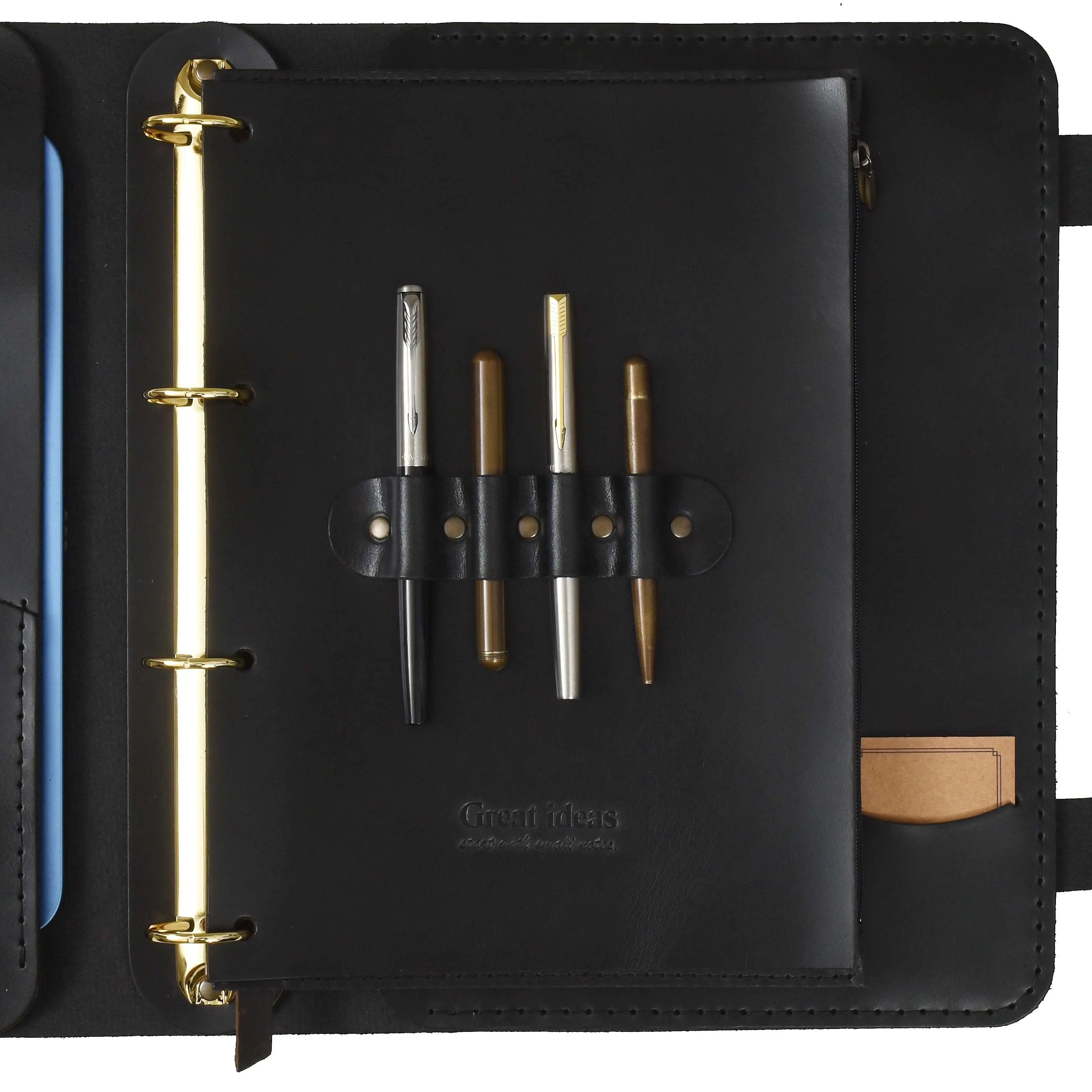 Güneri A4 Pro-Antik Siyah Lüks Hakiki Deri Organizer iç yapısı ve kalem tutucusu ile modern tasarım.