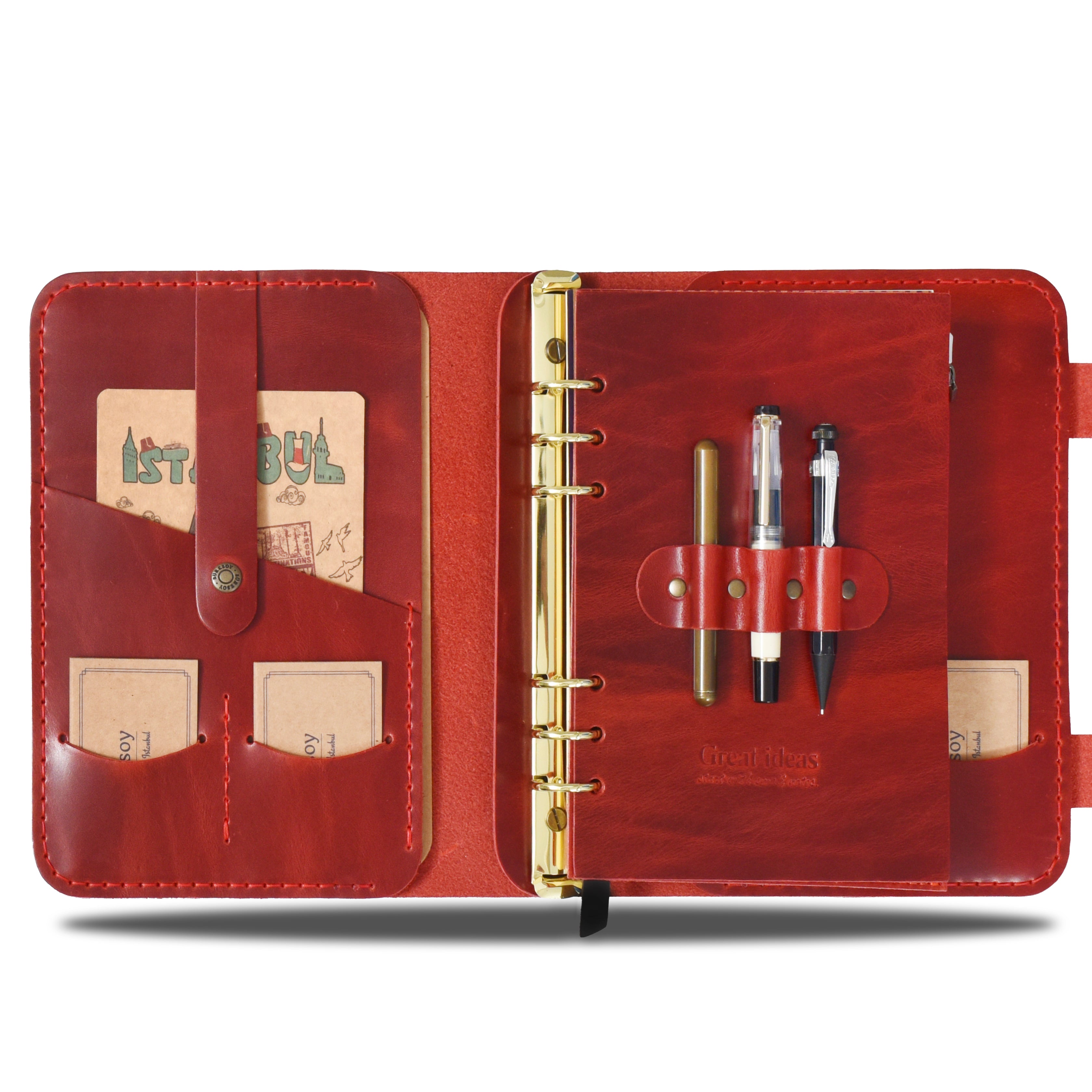 "Güneri A5 Pro - Antik Kırmızı" Lüks Hakiki Deri Organizer / Çizgili Bloknot, Ayraç, Anahtarlık Hediye