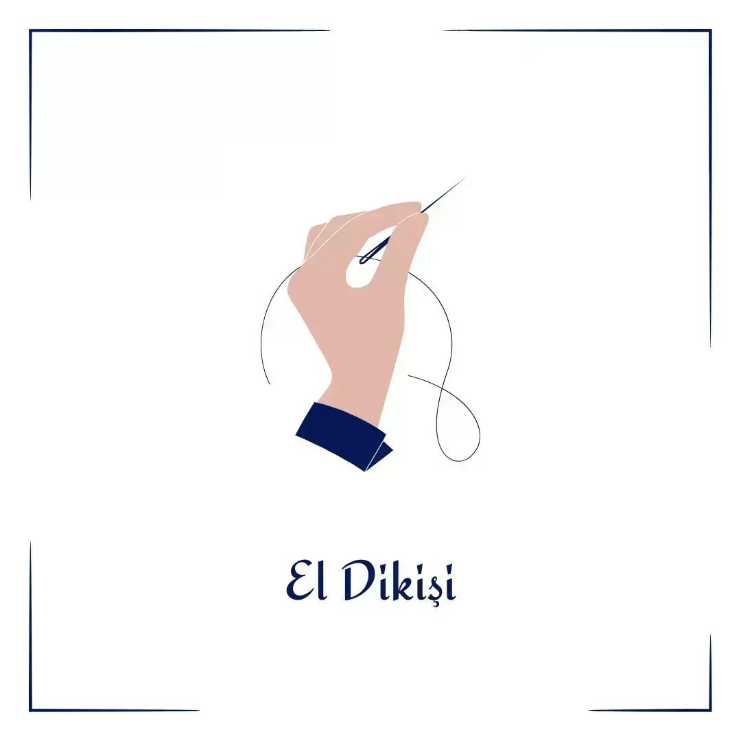 Illustration of a hand holding a needle for El Dikişi (Hand Sewing) technique.