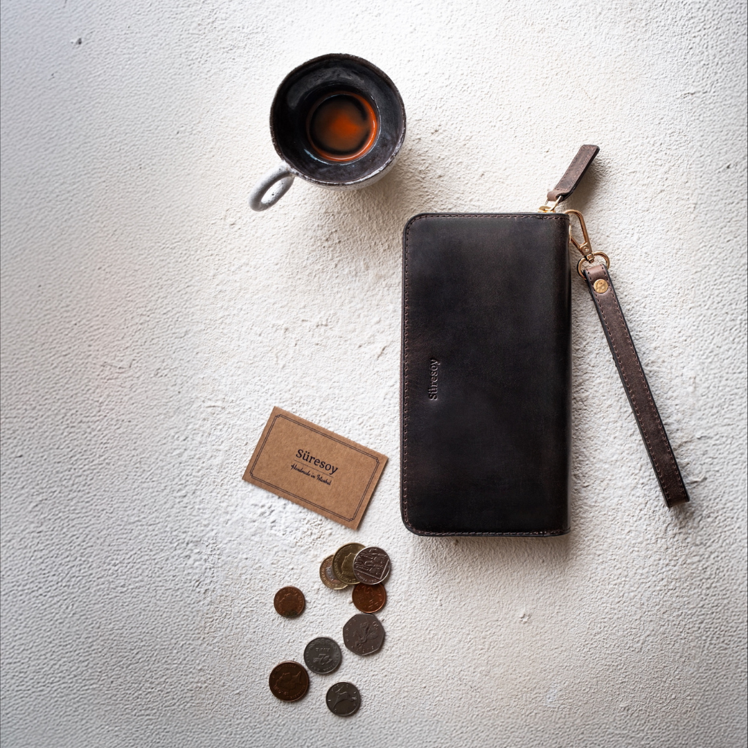 "Tüzün-Chocolate" Lüks Hakiki Deri Fermuarlı Uzun Cüzdan / Anahtarlık Hediye
