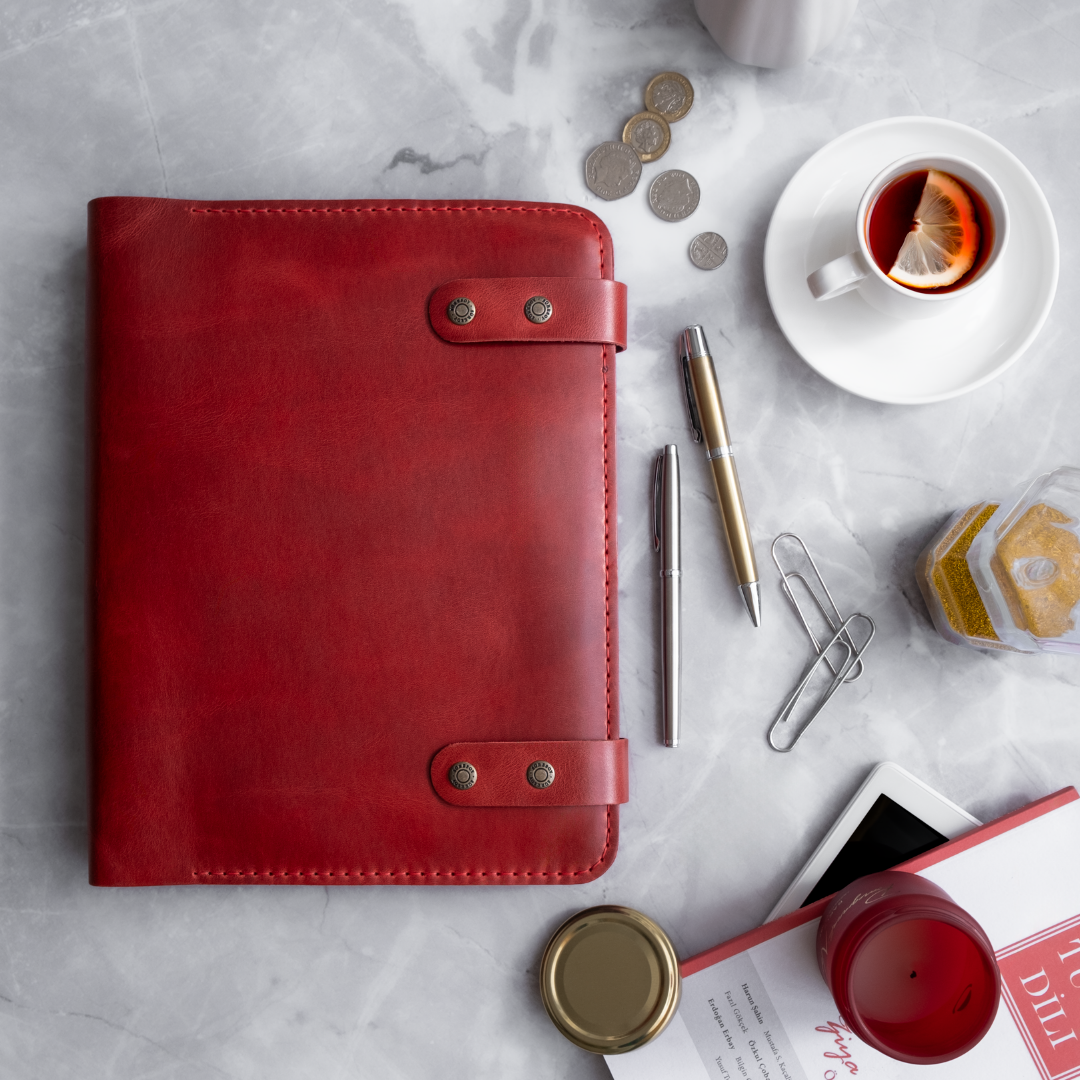 "Güneri A4 Pro" Lüks Hakiki Deri Organizer & iPad Kılıfı / Çizgili Bloknot & Anahtarlık Hediye