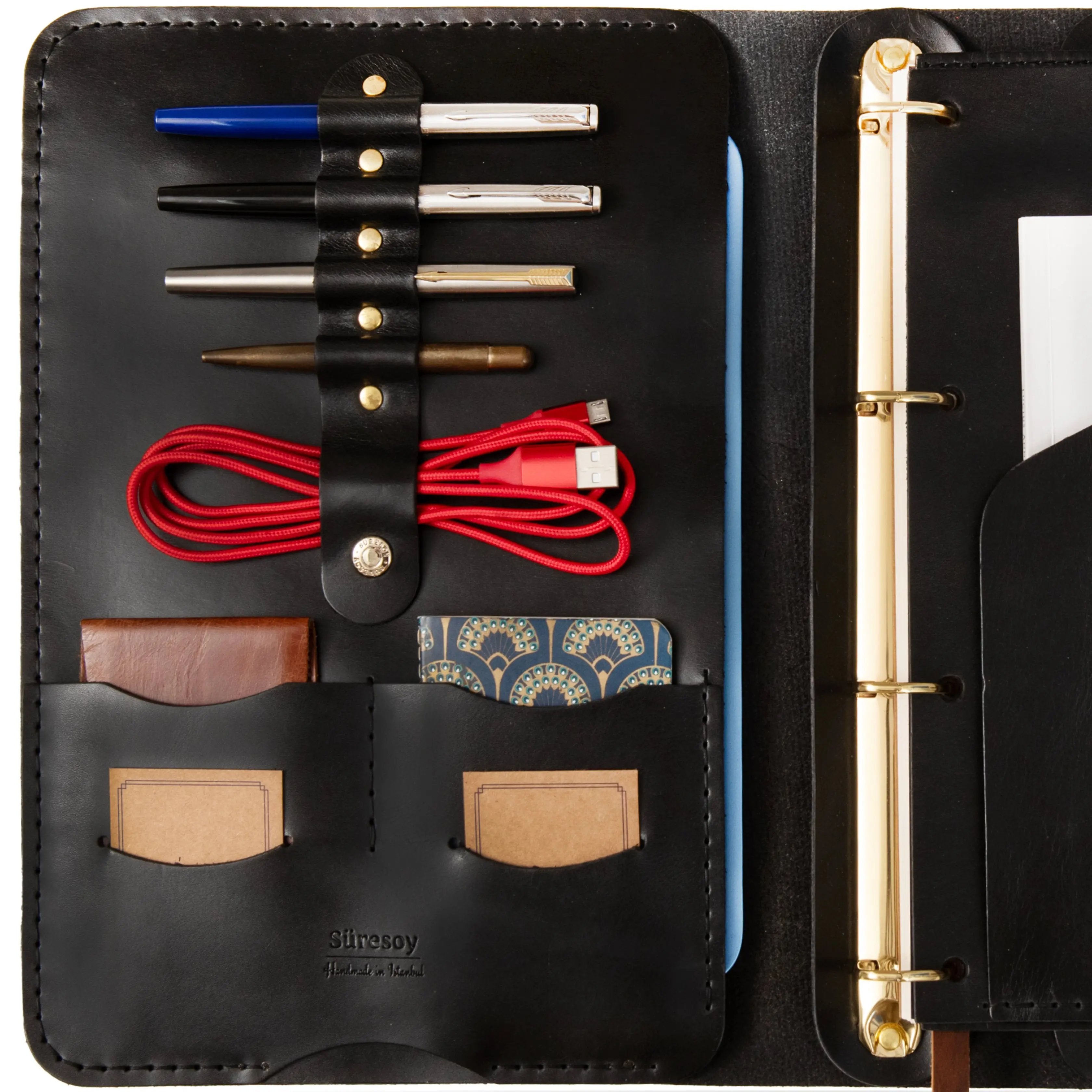 "Parla A4 Pro-Antik Siyah" Lüks Hakiki Deri Organizer / Çizgisiz Bloknot, Ayraç, Anahtarlık Hediye Kargo, İsim Kazıma, Hediye Paketi Ücretsiz !