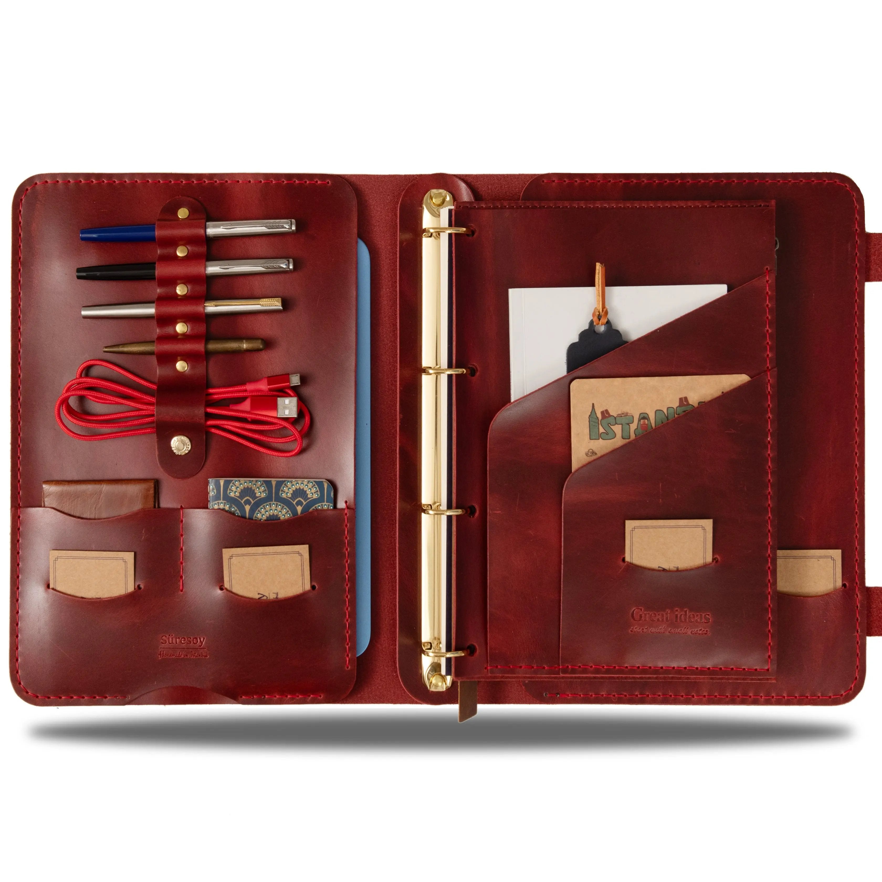 "Parla A4 Pro-Antik Kırmızı" Lüks Hakiki Deri Organizer / Çizgisiz Bloknot, Ayraç, Anahtarlık Hediye Kargo, İsim Kazıma, Hediye Paketi Ücretsiz !