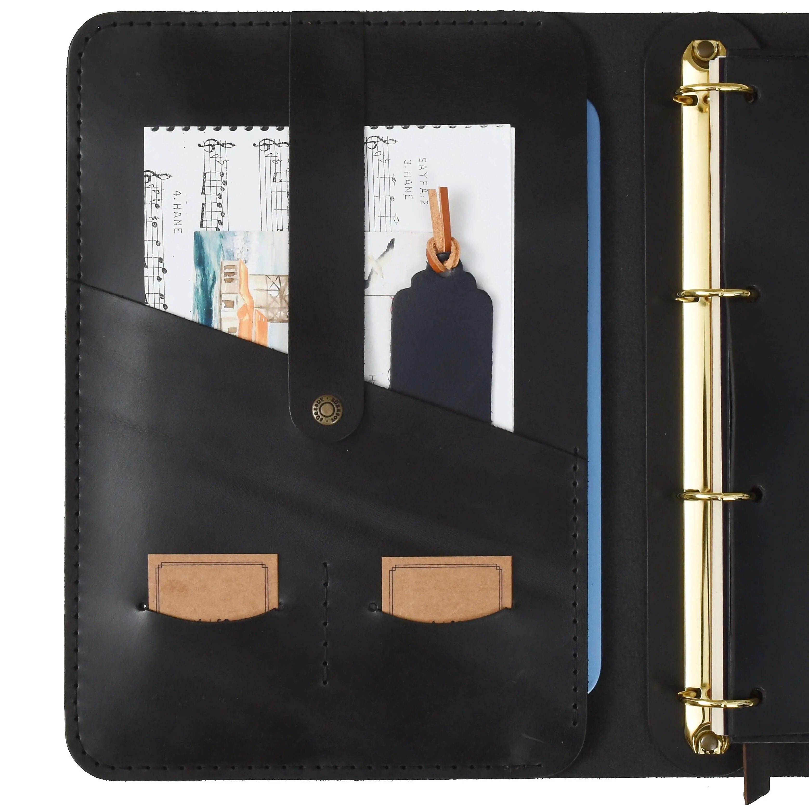 Güneri A4 Pro-Antik Siyah Lüks Hakiki Deri Organizer iç bölümünde kartlık ve dosyalar görünümü.