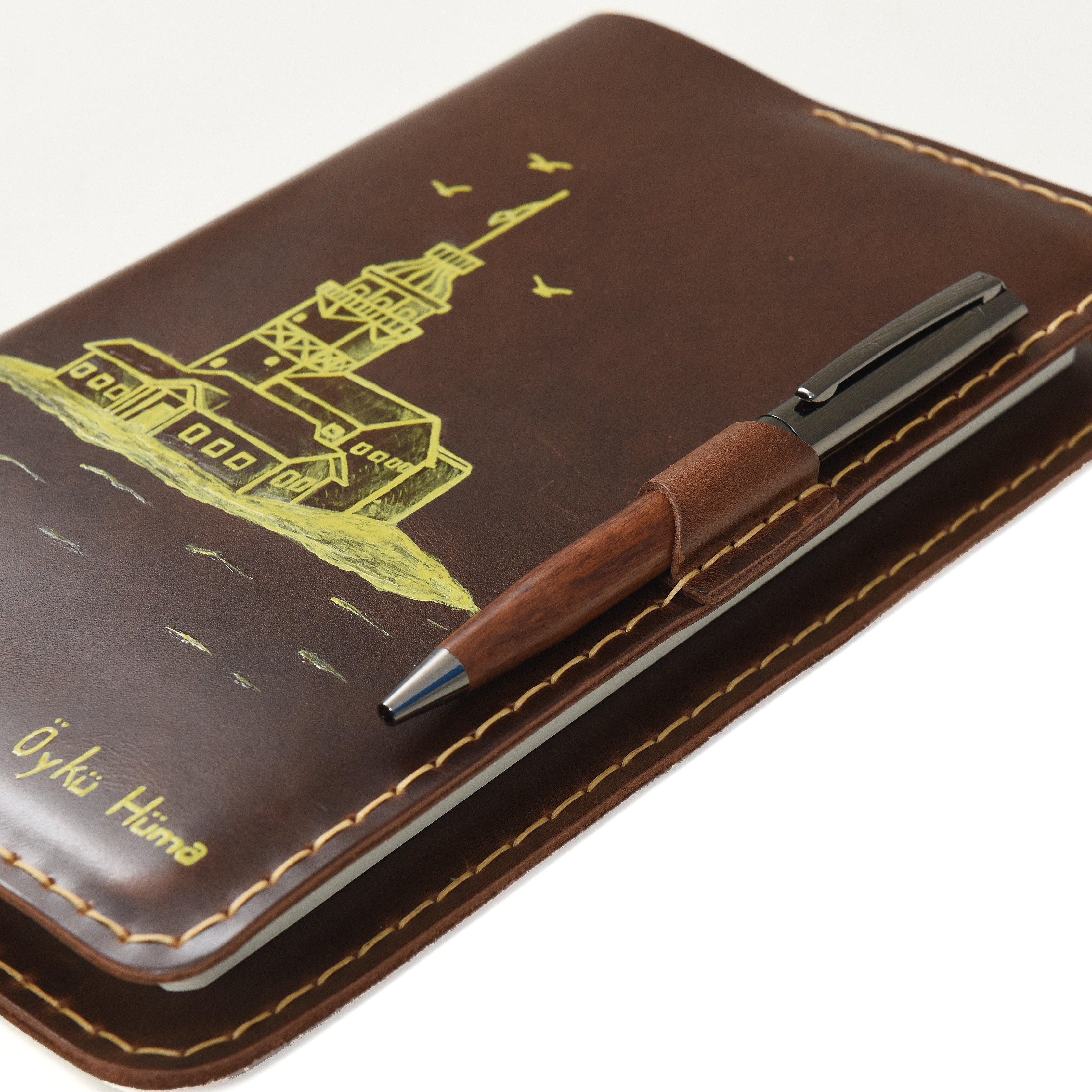 ''(26 Adet Limitli Ürün) 2026 A5 Ajanda - Antik Kahve" Kız Kulesi Sulu Boya Tasarım / Sulu Boya ile İsim Yazma, Kalem, Anahtarlık Hediye