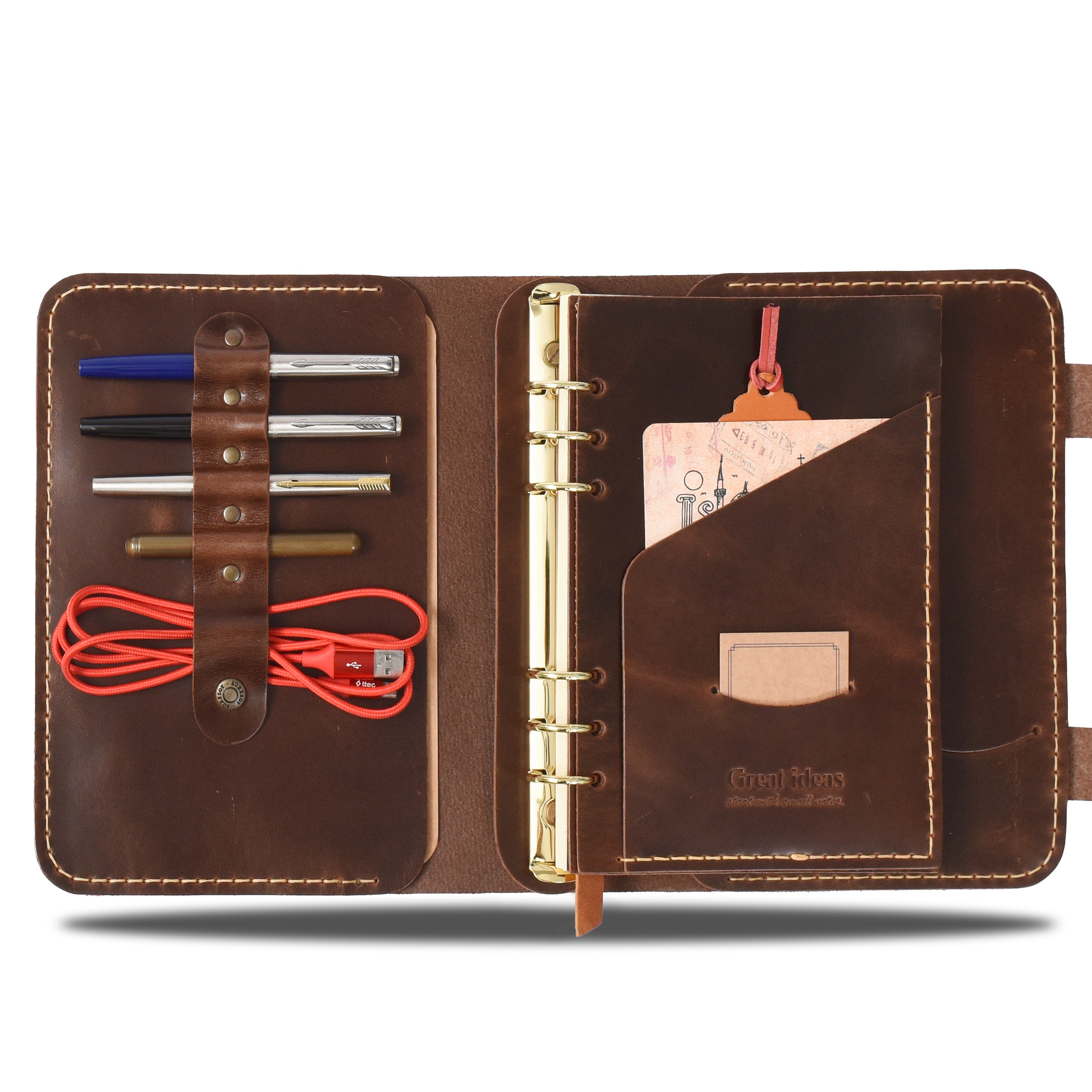 "Parla A5 Pro-Antik Kahve" Lüks Hakiki Deri Organizer / Çizgili Bloknot, Anahtarlık Hediye