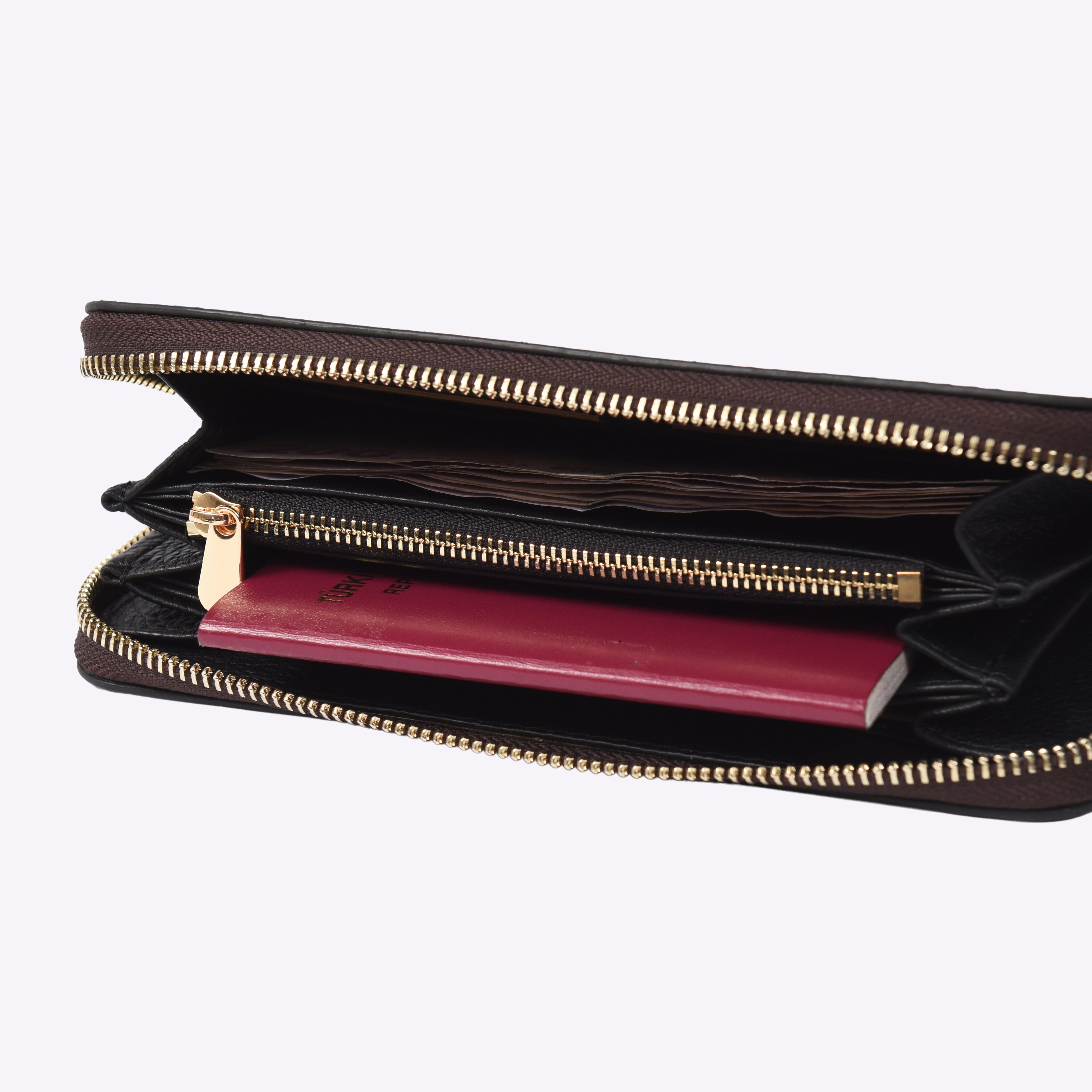 "Tüzün-Chocolate" Lüks Hakiki Deri Fermuarlı Uzun Cüzdan / Anahtarlık Hediye