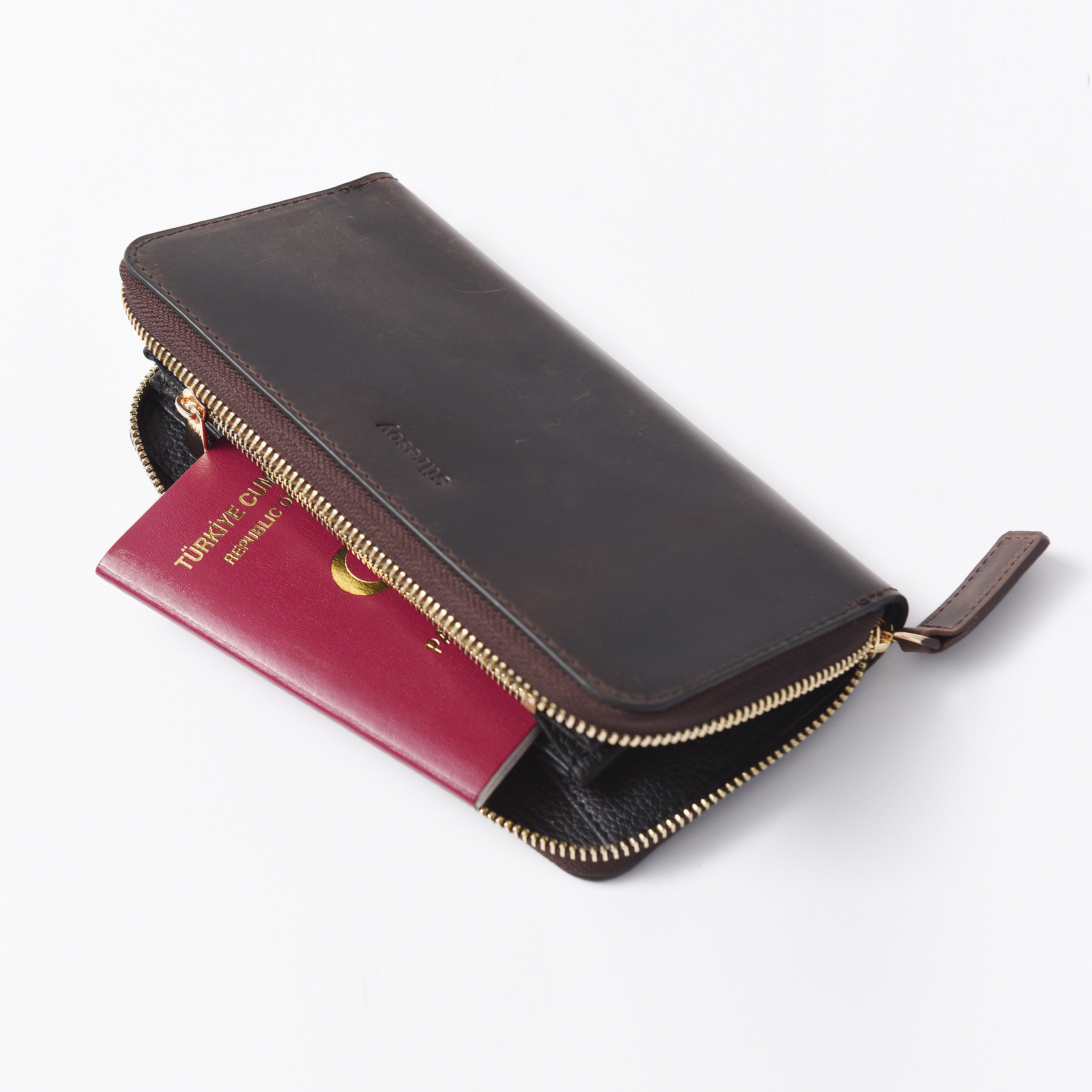 "Tüzün-Chocolate" Lüks Hakiki Deri Fermuarlı Uzun Cüzdan / Anahtarlık Hediye