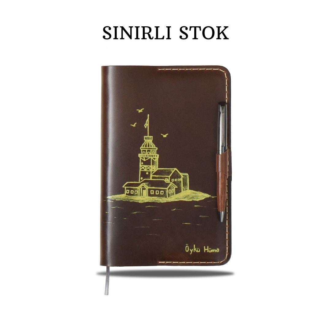 ''(26 Adet Limitli Ürün) 2026 A5 Ajanda - Antik Kahve" Kız Kulesi Sulu Boya Tasarım / Sulu Boya ile İsim Yazma, Kalem, Anahtarlık Hediye